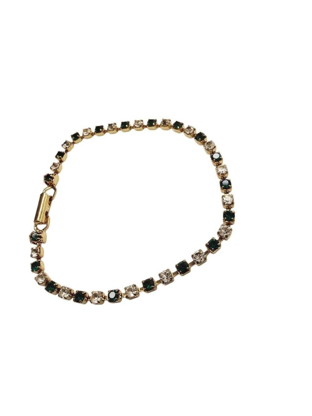 Gold Tone Clear & Green Rhinestone Bracelet